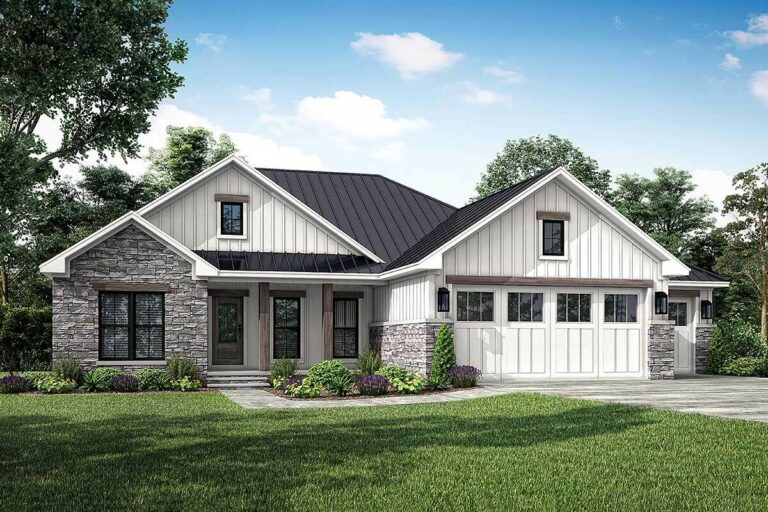 3-Bedroom Single-Story Modern Rustic Ranch Home With Spacious Island Kitchen (Floor Plan)
