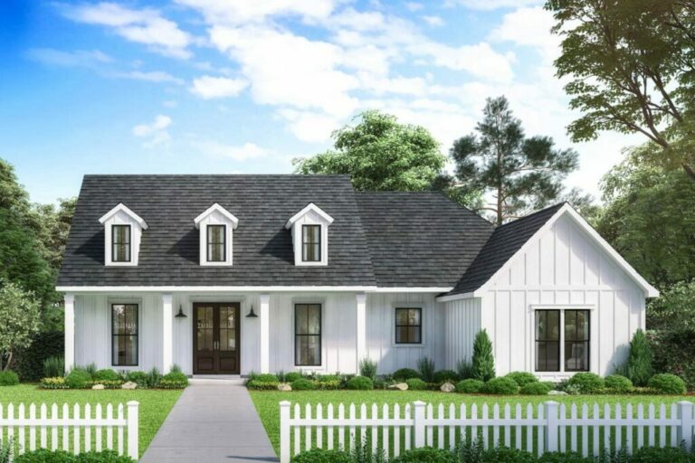3-Bedroom Single-Story Modern Farmhouse with Rear Porch and Double Carport (Floor Plan)