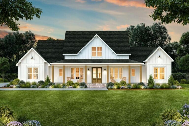 One-Story 3-Bedroom Modern Farmhouse with Balanced Exterior and Bonus Room (Floor Plan)