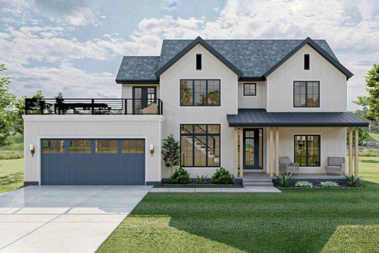 4-Bedroom Two-Story Modern Farmhouse With Party Deck Above the Garage (Floor Plan)