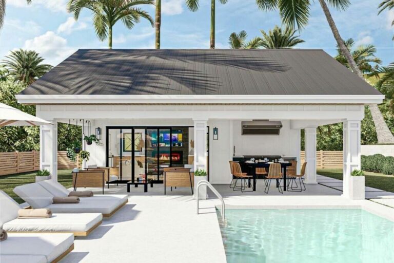 Cozy 1-Story Farmhouse Style Pool House with Covered Porch and Fireplace (Floor Plan)