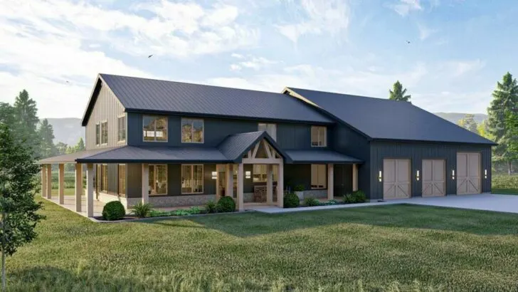 Barndominium Style 4-Bedroom 2-Story Farmhouse with Home Office and Oversized RV Garage (Floor Plan)
