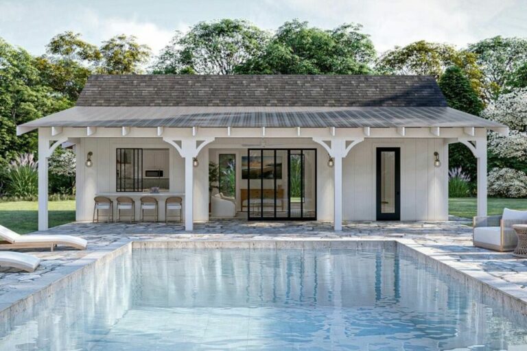 Compact 1-Story Modern Farmhouse Pool House with Large Covered Porch (Floor Plan)