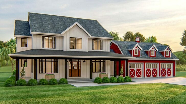 Barn Style 2-Story 4-Bedroom Modern Farmhouse with Front-Loading Barn-Style Garage (Floor Plan)