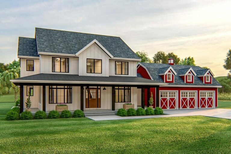 Barn Style 2-Story 4-Bedroom Modern Farmhouse with Front-Loading Barn-Style Garage (Floor Plan)