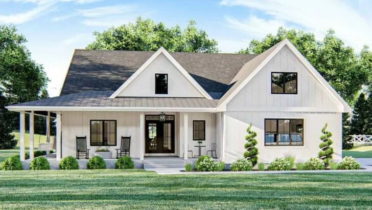 5-Bedroom Two-Story Modern Farmhouse with Wraparound Porch and Vaulted Interior (Floor Plan)