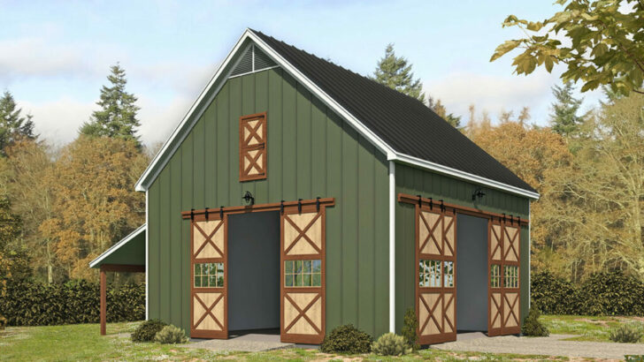 2-Story 4-Car Barn Style Garage with Tractor Port and Vaulted Loft (Floor Plan)