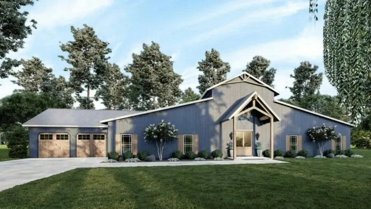 5-Bedroom 1-Story Barndominium Style House With Dual-Sided Fireplace (Floor Plan)