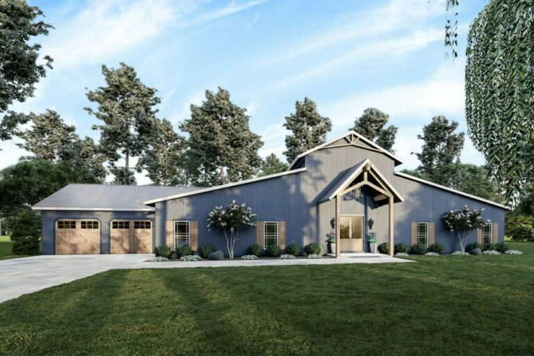 5-Bedroom 1-Story Barndominium Style House With Dual-Sided Fireplace (Floor Plan)