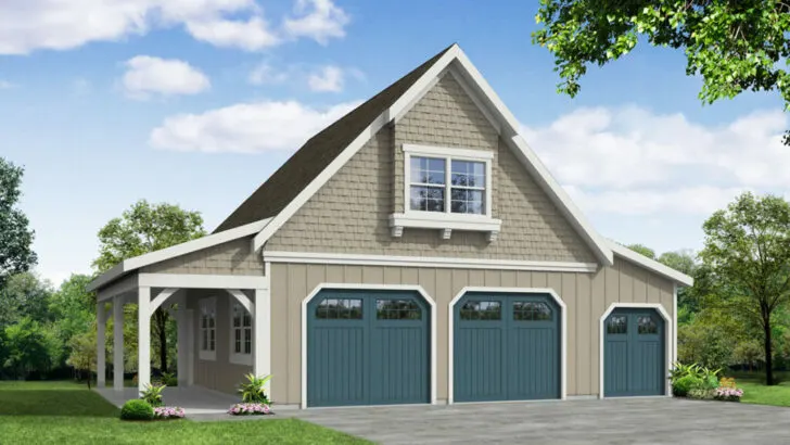 Barndominium Style 2-Car 2-Story Garage with Side Porch and Attic Access (Garage Plan)