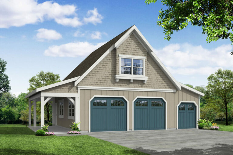 Barndominium Style 2-Car 2-Story Garage with Side Porch and Attic Access (Garage Plan)