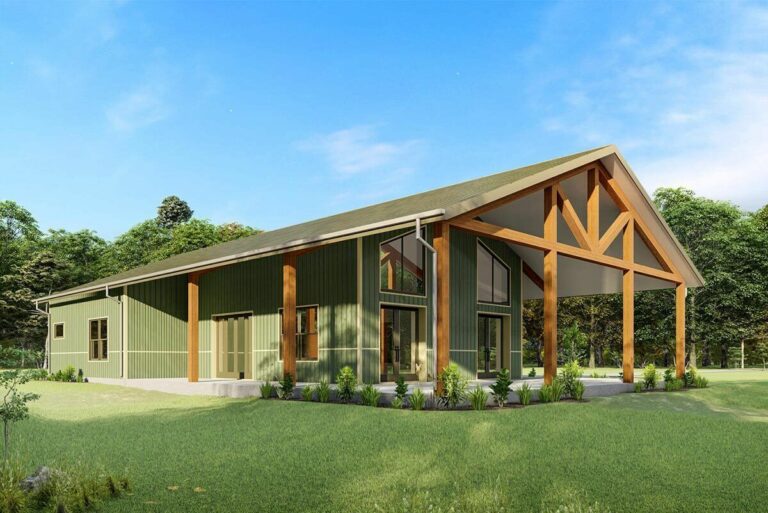 3-Bedroom Single-Story Rustic Barndominium House with Wraparound Porch (Floor Plan)