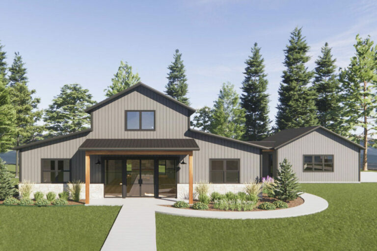 3-Bedroom 1-Story Barndo Style House with 2-Side Fireplace in the Vaulted Interior (Floor Plan)