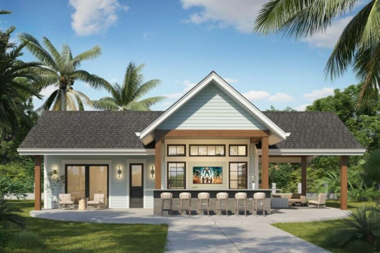 1-Bedroom 1-Story Modern Farmhouse Style Pool House with Wide Garage Door Opening to the Rec Room (Floor Plan)