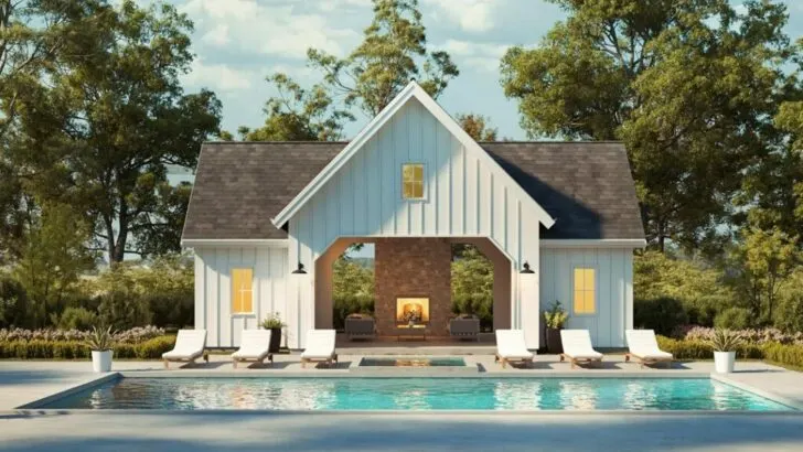 Compact Single-Story New American Farmhouse Style Pool House with Fireplace (Floor Plan)