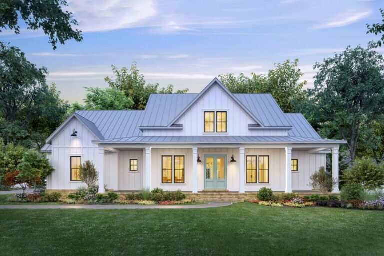 4-Bedroom 2-Story Modern Farmhouse with 8′-deep Front Porch (Floor Plan)
