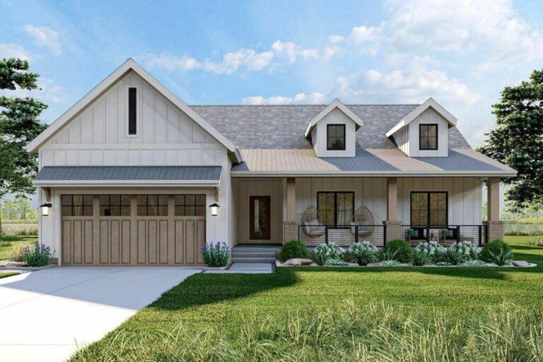 3-Bedroom 1-Story Modern Farmhouse with Wrap-Around Porch (Floor Plan)