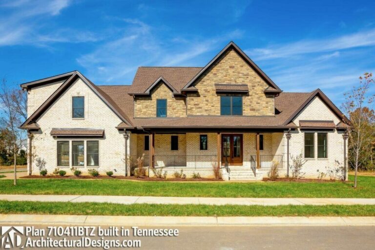 New American Style 4-Bedroom Dual-Story Farmhouse with 8′-Deep Front Porch and 12′-Deep Rear Porch (Floor Plan)