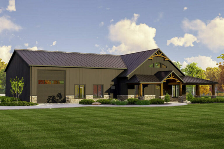 Two-Story 3-Bedroom Barndominium House with Wraparound Porch and Shop (Floor Plan)