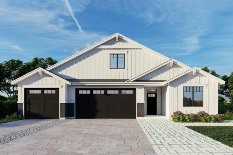 3-Bedroom 1-Story New American Barndominium House with Bonus Room above Garage (Floor Plan)
