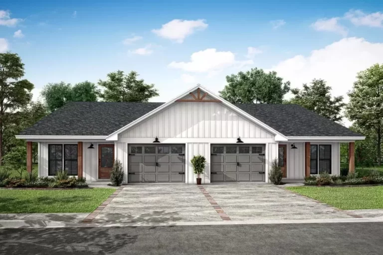 Single-Story 6-Bedroom Country Craftsman Duplex House With 2-Car Garage (Floor Plan)