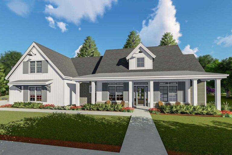 Flexible Dual-Story 6-Bedroom Modern Farmhouse with Split Bedrooms (Floor Plan)