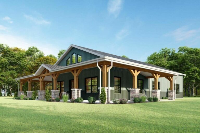 3-Bedroom One-Story Rustic Barn Style Farmhouse With 3-Side Wraparound Porch(Floor Plan)