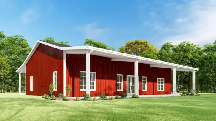 3-Bedroom One-Story Country Style Barndominium House with Dual Covered Porches (Floor Plan)