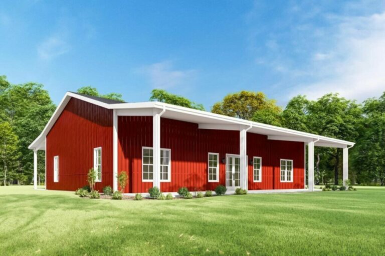 3-Bedroom One-Story Country Style Barndominium House with Dual Covered Porches (Floor Plan)