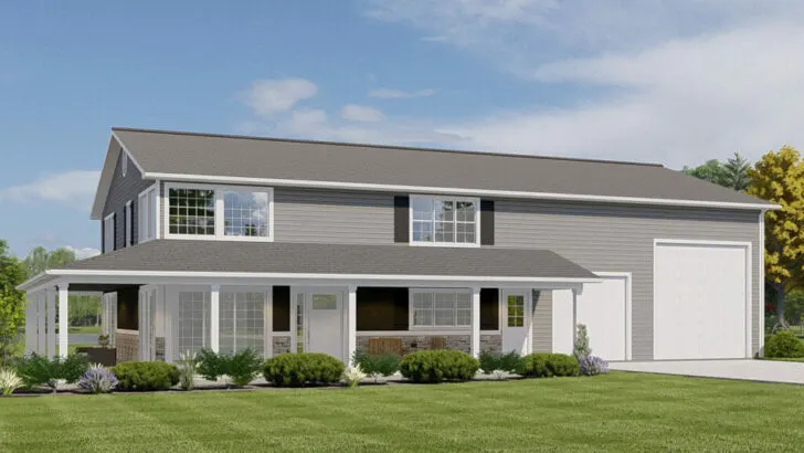 2-Story 3-Bedroom Contemporary Barndominium Home with L-Shaped Porch (Floor Plan)