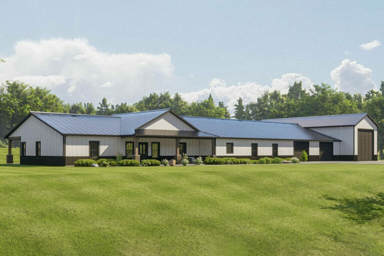 4-Bedroom Single-Story Barndominium House with Large Office and Large Garage Drive-Through RV Bay (Floor Plan)
