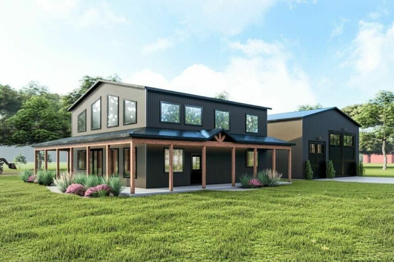 3-Bedroom Dual-Story Barndominium Style Country House with Large Workshop and Wraparound Porch (Floor Plan)