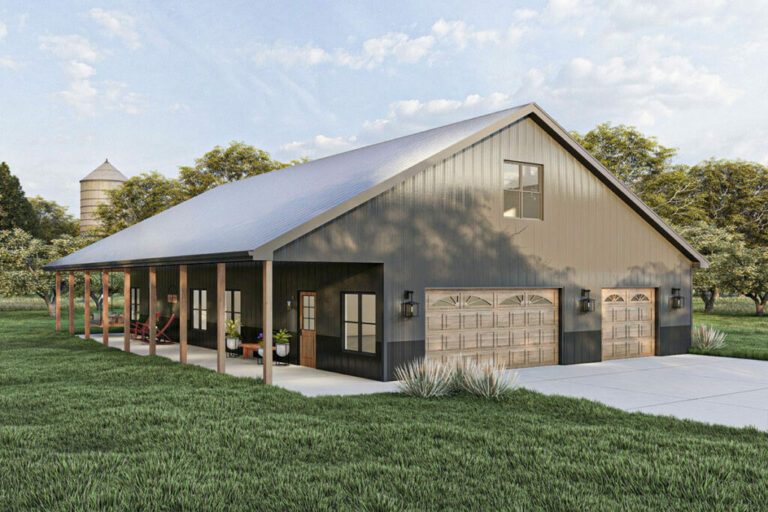Two-Story 1-Bedroom Post Frame Style Barndominium House with Covered Porch (Floor Plan)