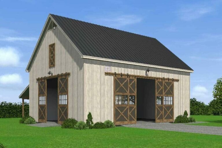 2-Story 2-Car Barn-Style Garage with Tractor Port and Vaulted Loft (Floor Plan)
