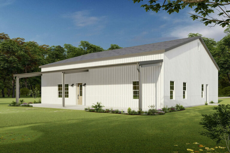 1-Bedroom One-Story Rustic Barndominium Home with Spacious 50′-Wide Front Porch (Floor Plan)