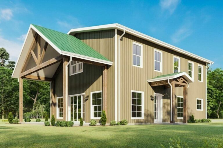 Boxy Barndominium Style 3-Bedroom 2-Story House with Vaulted Side Porch (Floor Plan)