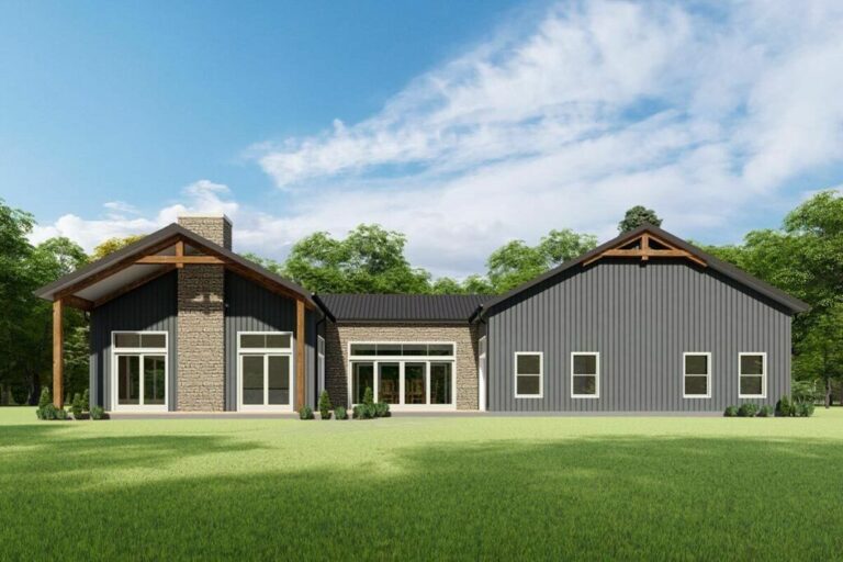 4-Bedroom Single-Story Barndominium Style Rustic Ranch with Playroom and Large 2-Car Rear-Facing Garage (Floor Plan)