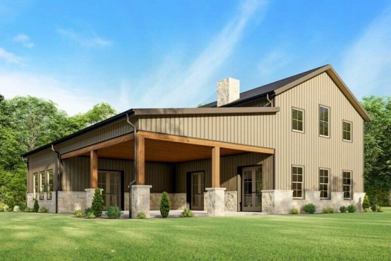 Rustic Barndominium Style 3-Bedroom 2-Story Farmhouse with 2-Story Living Room (Floor Plan)