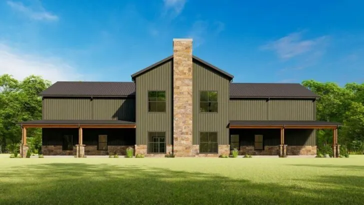 Dual-Story 5-Bedroom Barndominium House with Triple Porches (Floor Plan)