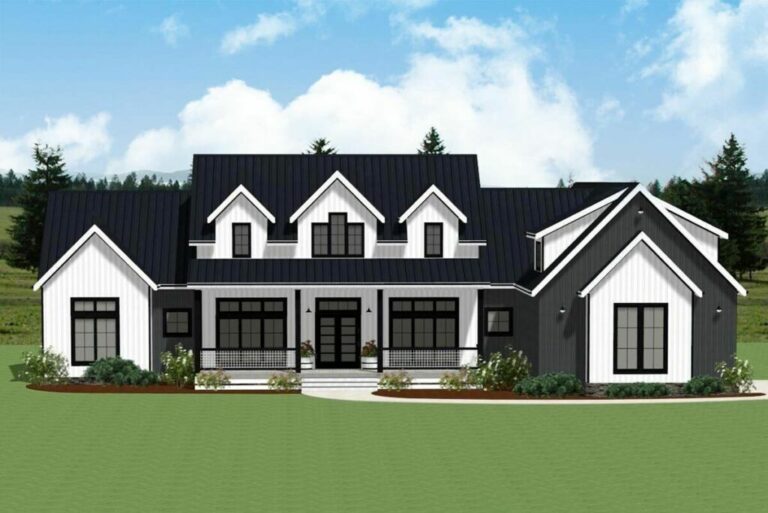 Single-Story 3-Bedroom Modern Farmhouse with Home Office and Vaulted Living Room (Floor Plan)