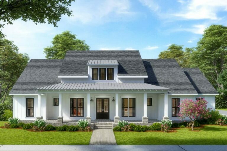 4-Bedroom Single-Story Modern Farmhouse with Vaulted Rear Porch (Floor Plan)