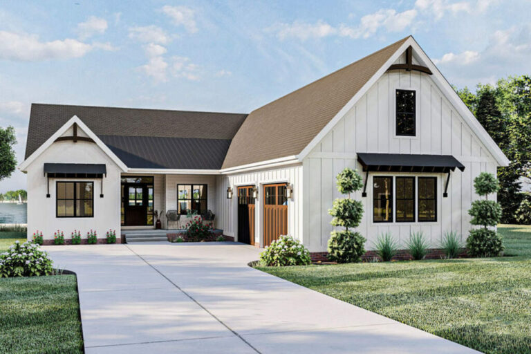 3-Bedroom 1-Story Modern Farmhouse With Room Above a 2-Car Courtyard Garage (Floor Plan)