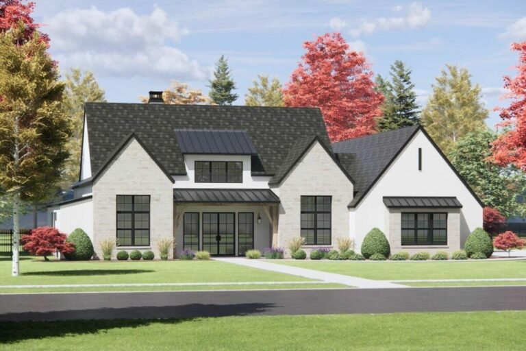 4-Bedroom 1-Story Modern Country Style Farmhouse with Stone and Stucco Exterior (Floor Plan)