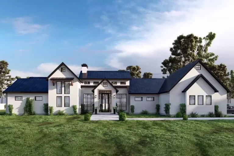 One-Story 4-Bedroom Contemporary Hill Country Style Farmhouse with 12-Foot-Deep Back Porch (Floor Plan)