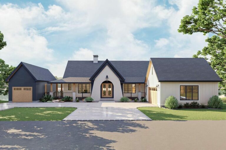 Single-Story 3-Bedroom Contemporary Lake Farmhouse with Vaulted Great Room and Covered Deck (Floor Plan)