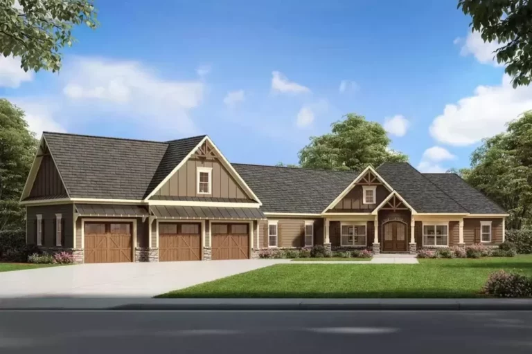 4-Bedroom One-Story Craftsman House With Angled 3-Car Garage (Floor Plan)