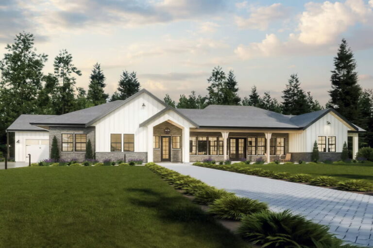 4-Bedroom Single-Story Modern Ranch House with Home Office (Floor Plan)
