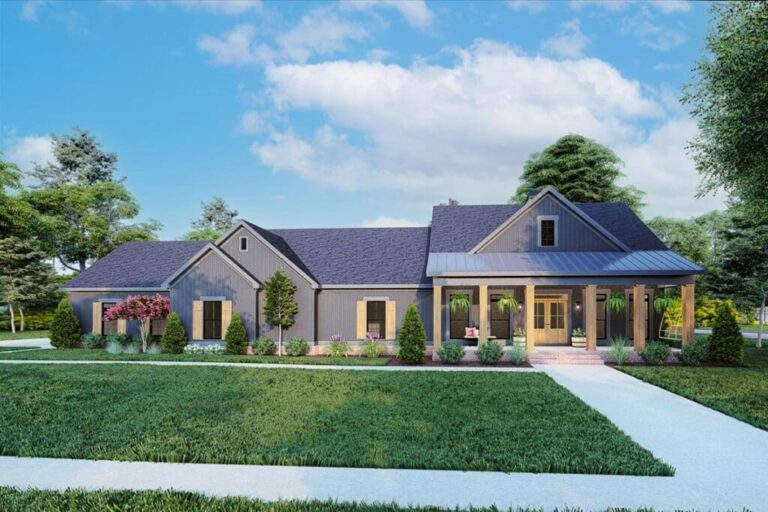 3-Bedroom One-Story Modern Farmhouse with Study and Large Mudroom (Floor Plan)