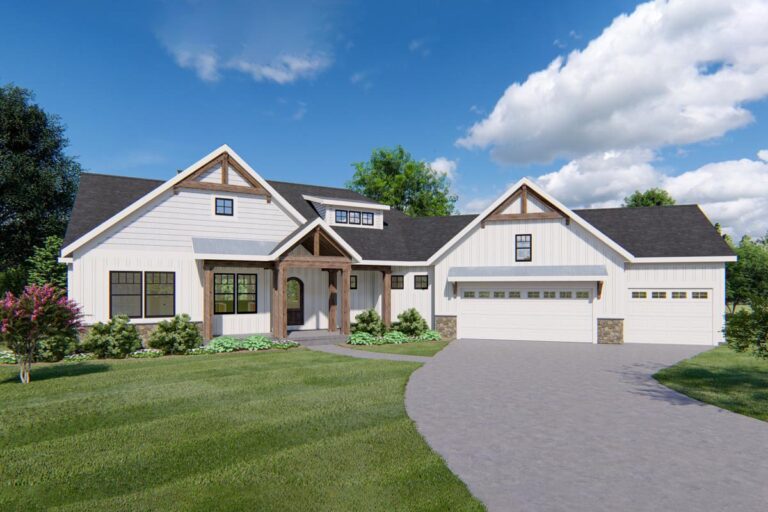 Downsized 5-Bedroom Single-Story House with Three-Car Angled Garage (Floor Plan)