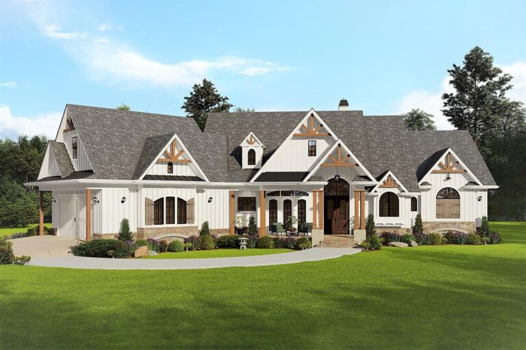 4-Bedroom Single-Story Storybook Craftsman House with Sweeping Rear Porches (Floor Plan)